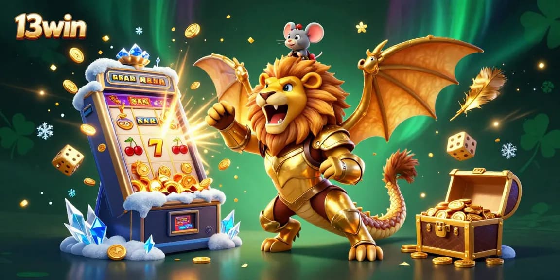 Engage with 13win's vibrant casino atmosphere, featuring a golden chimera and thrilling slot machine action.