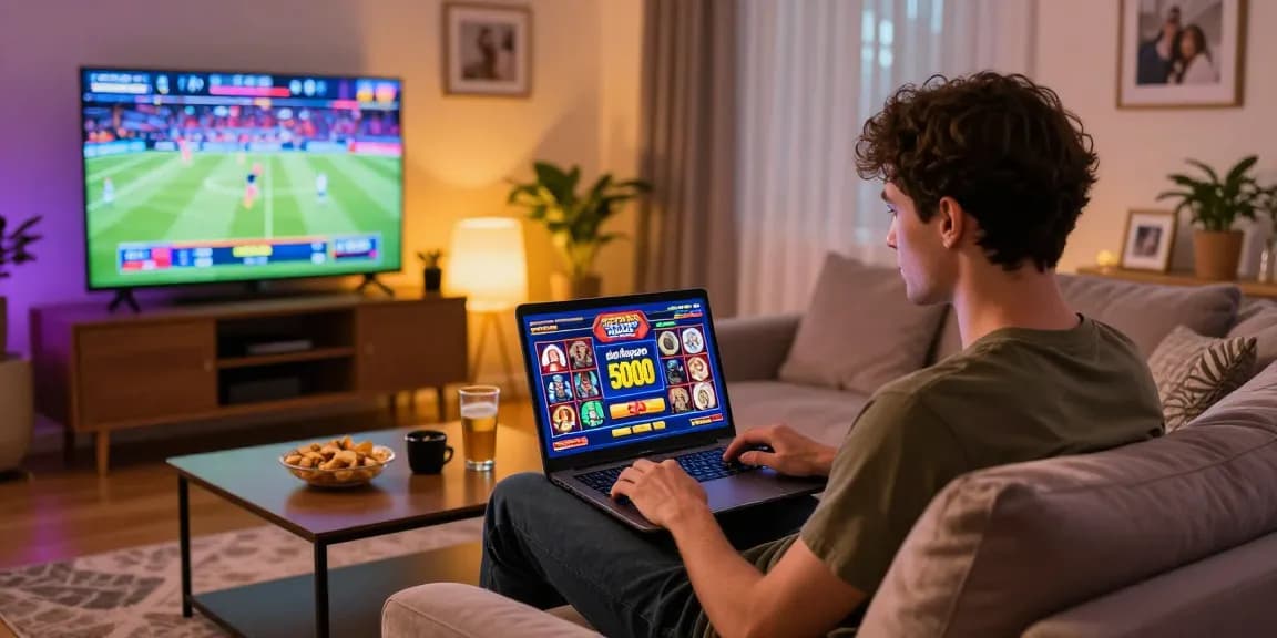Engaging gambling scene with slot deposit 5000 gameplay on laptop in a cozy living room.