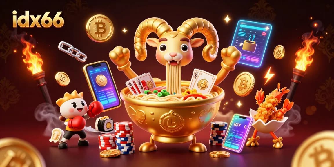 Permainan slot idx66 dengan semangkuk ramen emas membawa kartu dan chip, menciptakan suasana kasino.