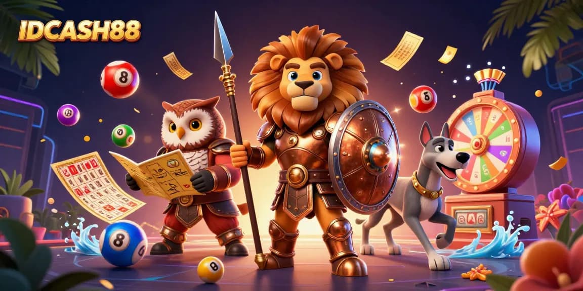 Engage with IDCASH88’s vibrant lottery scene featuring a Spartan lion and playful elements for gamblers.