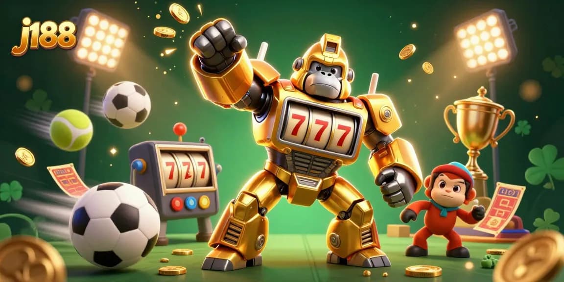 Experience thrilling gameplay with j188’s vibrant 3D illustration showcasing a mech and dynamic sports elements.