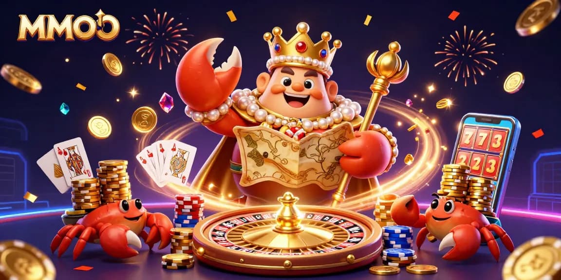 Join the MMOO casino experience with a golden crab emperor surrounded by festive gaming elements.