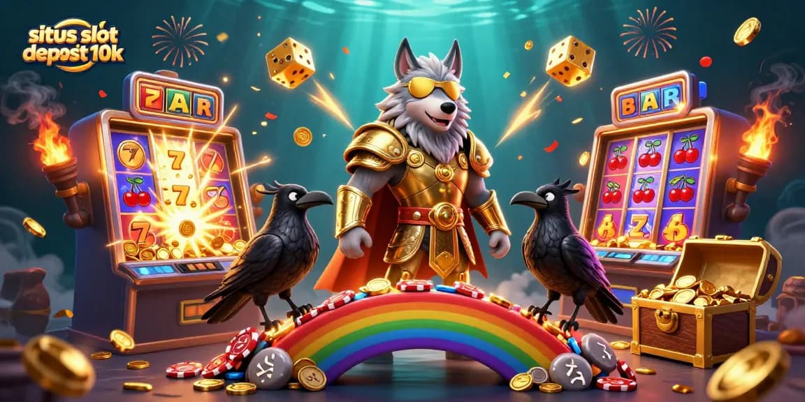 Situs slot gacor deposit 10k features a thrilling 3D illustration with Odin and his ravens amidst vibrant casino elements.