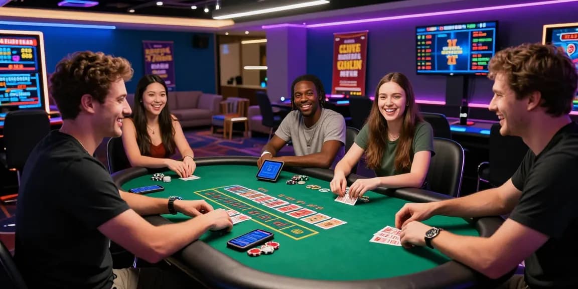 Friends enjoying a live casino game at ok8386.com, showcasing excitement and social interaction in a vibrant setting.