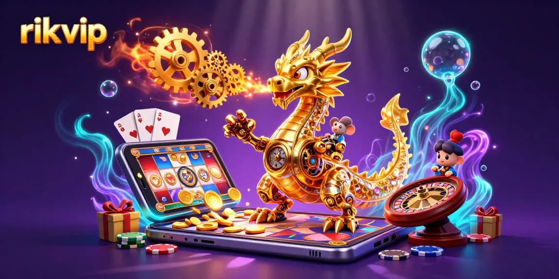 Experience thrilling gameplay at rik vip with a vibrant scene of intricate gaming elements and a golden dragon.