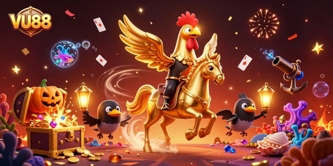 Experience the vibrant casino excitement of VU88 with our golden rooster characters exploring treasures and games.