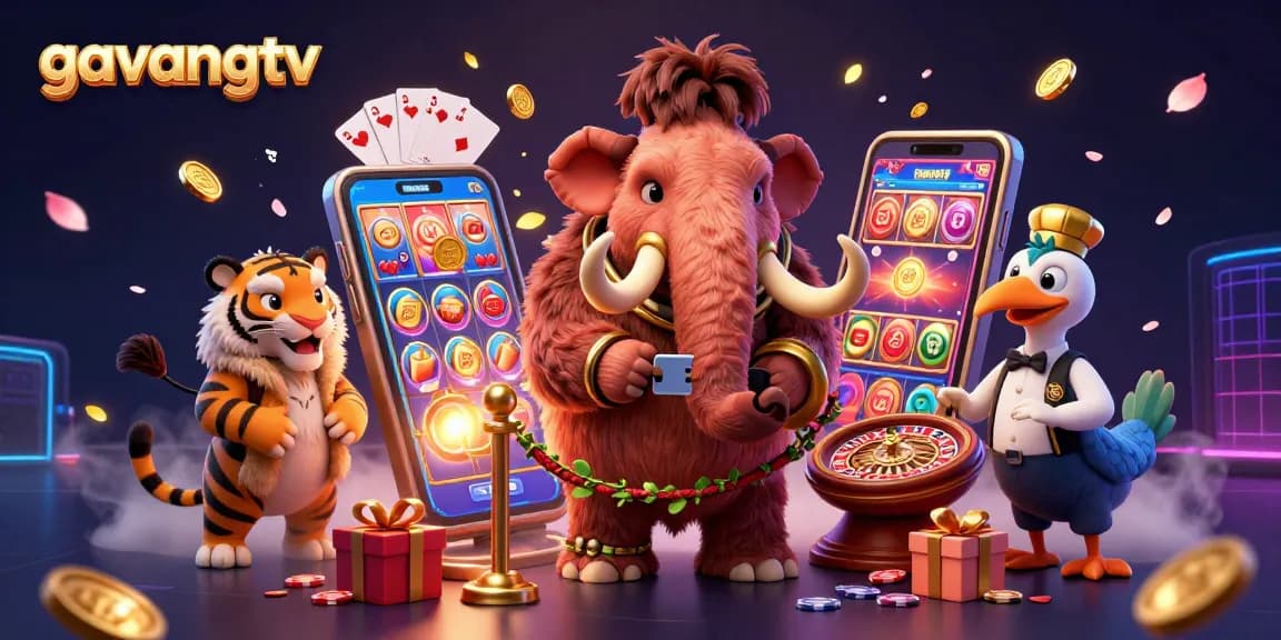 Playing slots on gavangtv with VIP guests at a vibrant casino entrance featuring engaging characters.
