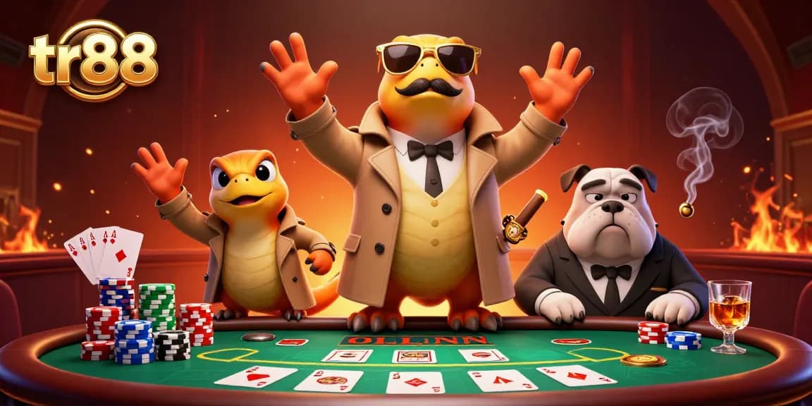 Experience tr88 action in a vibrant casino scene with raptors and poker elements.