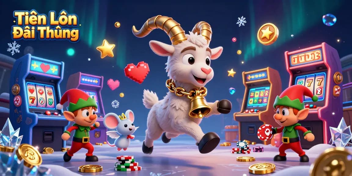 Engage in Tiến Lên Đổi Thưởng at this festive casino illustration featuring lively characters and gaming elements.