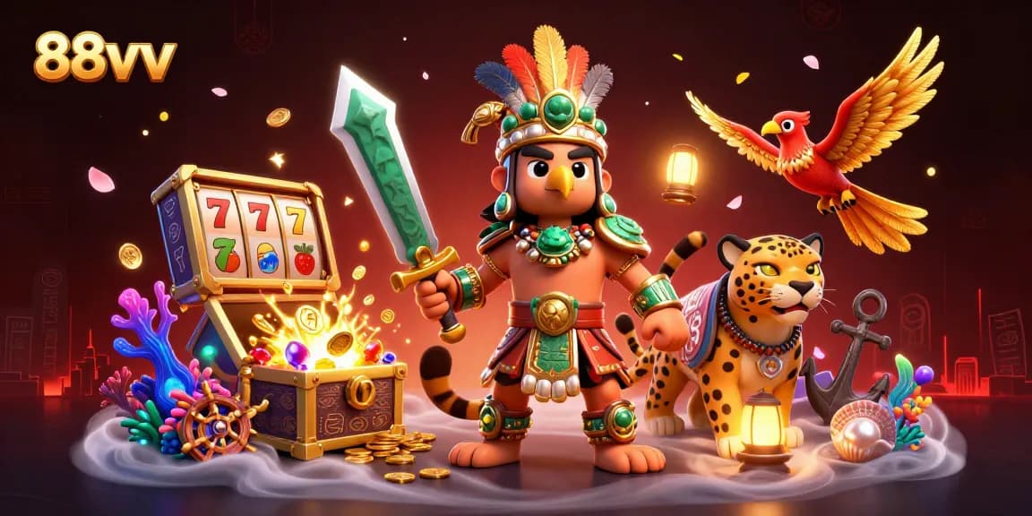 Experience the action with 88vv's vibrant slots scene featuring Aztec warriors and treasures.
