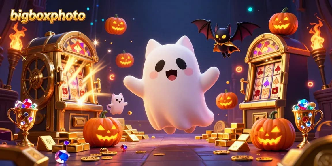 Bigboxphoto showcases a ghost cat and bat in a vibrant haunted casino scene overflowing with treasures.