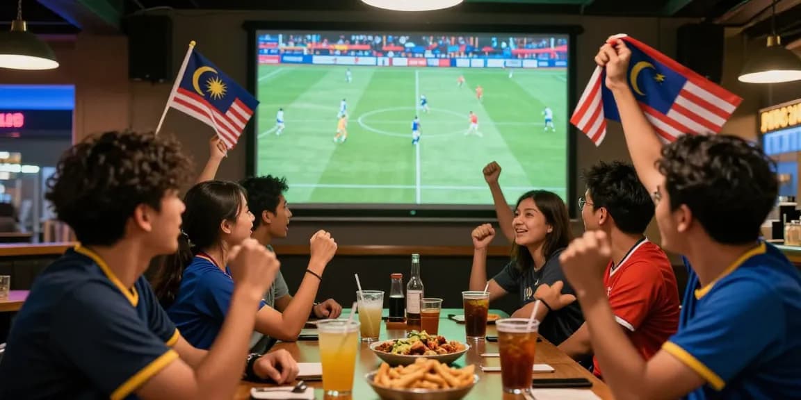 Excited fans enjoy Football Betting Malaysia at a lively sports bar with screens showing live matches.
