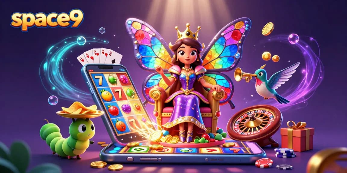 Engage with space9's vibrant casino atmosphere featuring a butterfly queen, colorful slot games, and sparkling rewards.