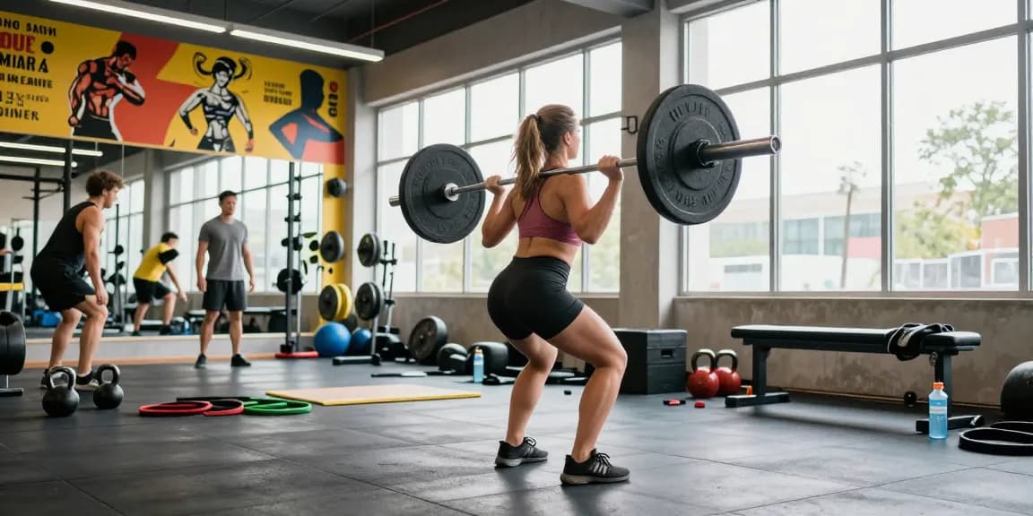 Sportliche Frau, die in einem hellen Fitnessstudio Kreuzheben macht, was den Fokus des Anabolika Shop Deutschland auf Muskelwachstum und Fitness darstellt.