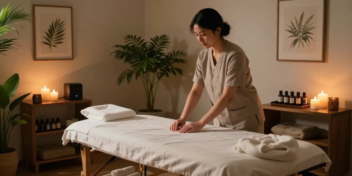 종로출장안마: Relaxation therapy massage set with aromatic candles and calming room.