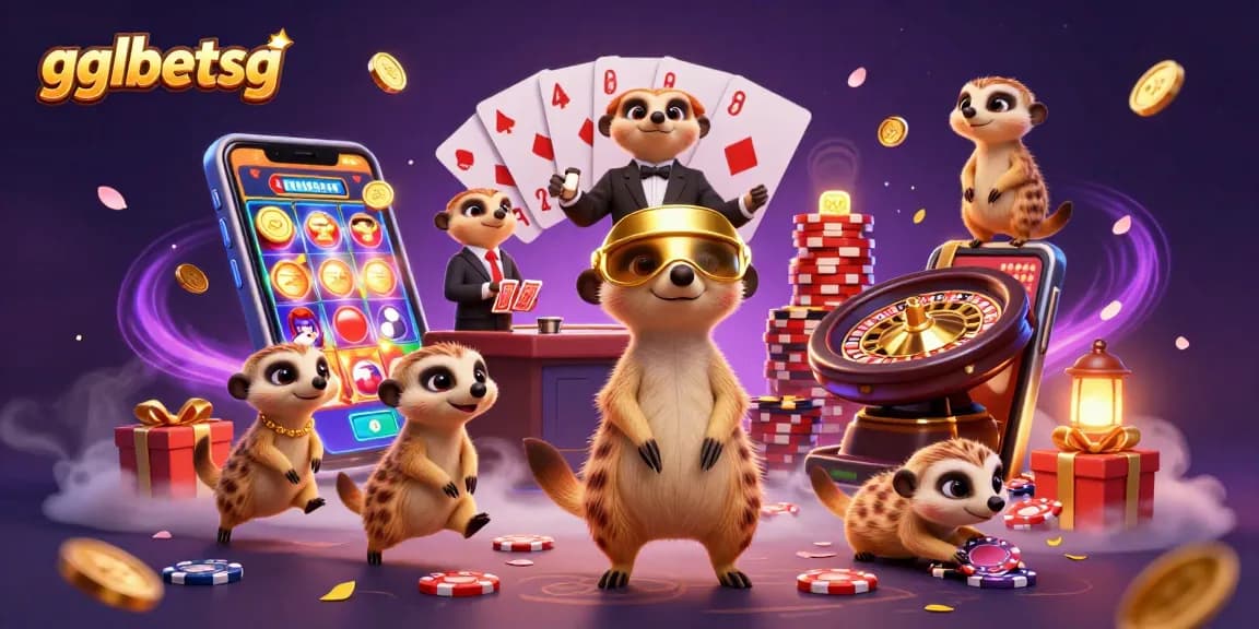 gglbetsg meerkats managing a vibrant casino, showcasing live betting and rewards action