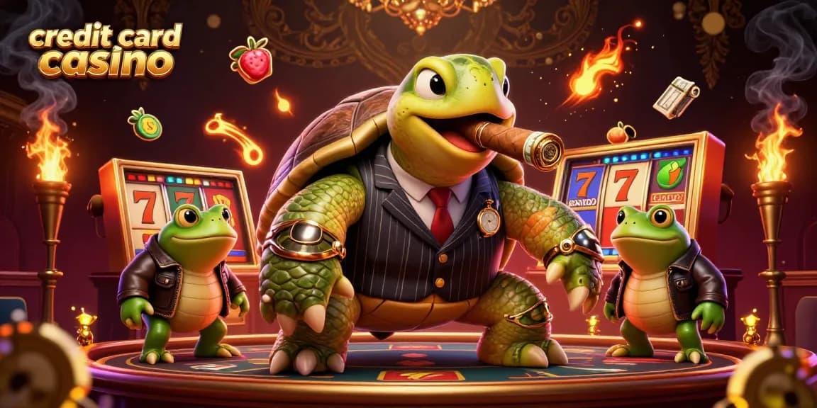 The vibrant credit card casino scene showcases a snapping turtle mobster and bullfrog enforcers amidst spinning slot reels.
