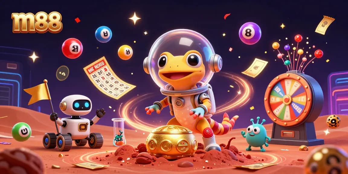 m88 Martian gecko explores a golden casino with lottery elements in a vibrant, dynamic scene