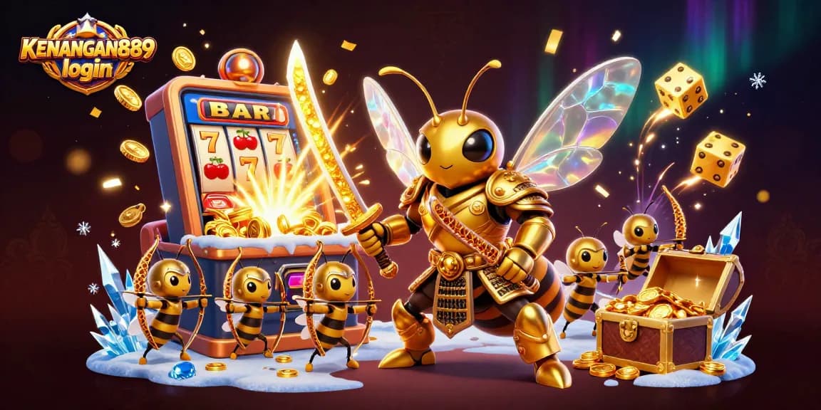 Engage in exciting gameplay with KENANGAN889 login featuring a vibrant casino illustration with jackpots and golden coins.