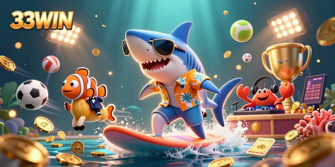 Engage with thrilling games at 33WIN as a hammer-head shark rides gold coins, showcasing exciting betting elements.