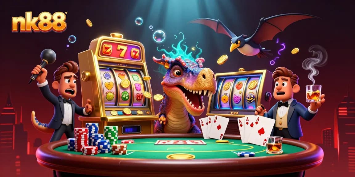 nk88 slot machine excitement with dinosaurs and poker, jackpot coins flying