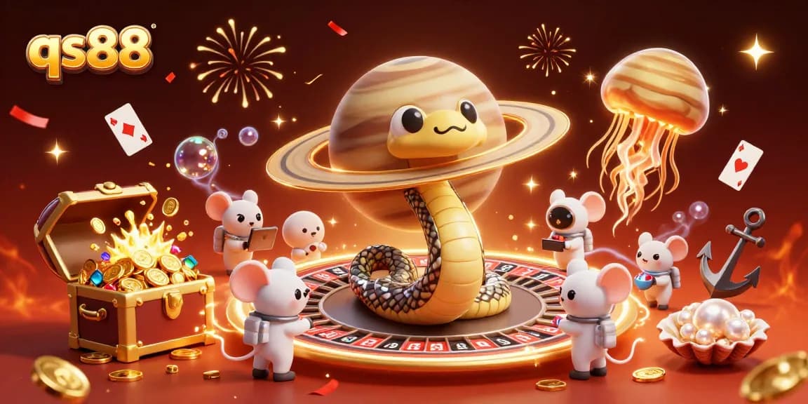Place bets with qs88 in an exciting cosmic casino scene featuring animated characters.