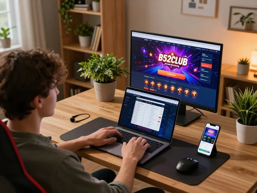 Bets are placed on B52Club while enjoying a cozy online gaming setup at home.