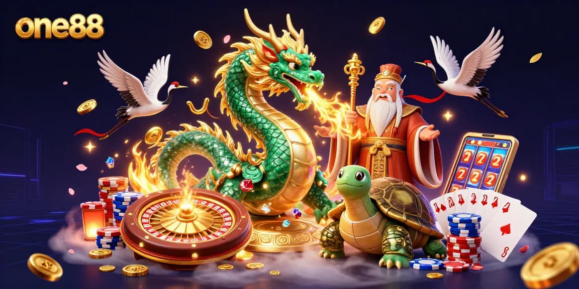 Experience the thrill of one88 with a vibrant illustration featuring a jade dragon and lucky cranes.