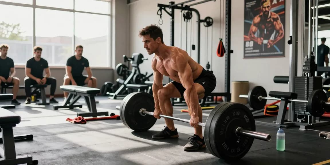 Bodybuilder hebt Gewichte im Steroidshop Fitnessstudio und zeigt Stärke und Entschlossenheit.