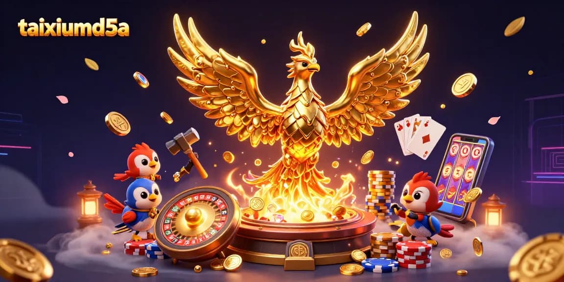 Engage in exciting gameplay with taixiumd5a, featuring a dazzling phoenix emerging from gold, surrounded by casino elements.