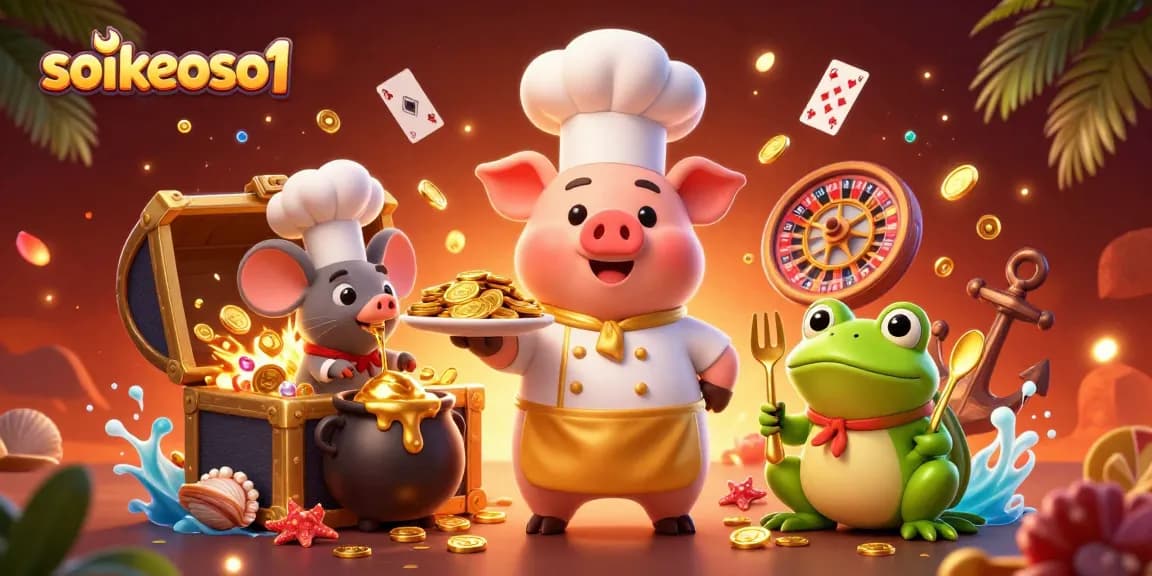 Engage in thrilling gameplay at soikeoso1 with the chef pig serving golden coins in a vibrant casino scene.