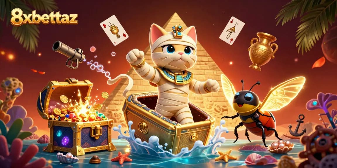 Experience the excitement of 8xbettaz with a thrilling illustration of an Egyptian mummy cat in an ancient casino.