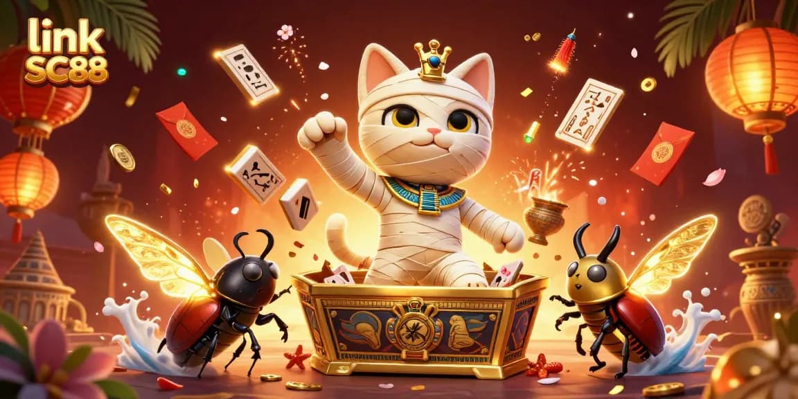 Experience the excitement of link SC88 with a vibrant pyramid casino scene featuring a mummy cat and glowing scarab.