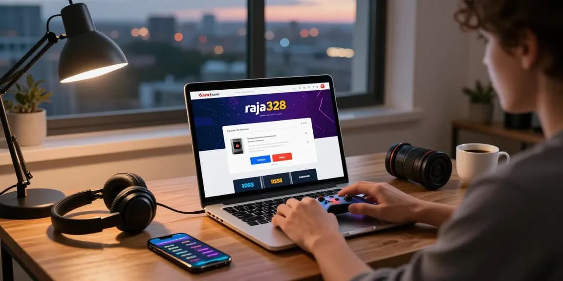 A person engaging with the raja328 link in a cozy home office setting, illustrating online gaming excitement.