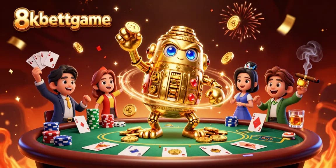 Join the thrilling action at 8xbettgame with an exciting poker scene featuring a golden golem and poker elements.
