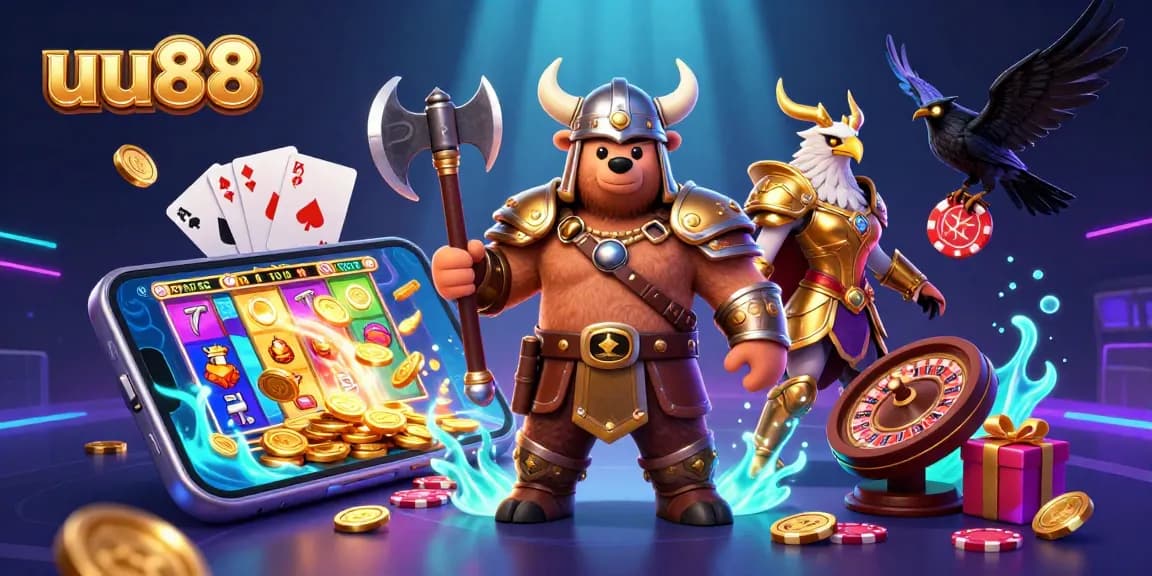 Spin the reels with uu88 featuring a Viking bear and Valkyrie eagle, amidst vibrant casino elements.