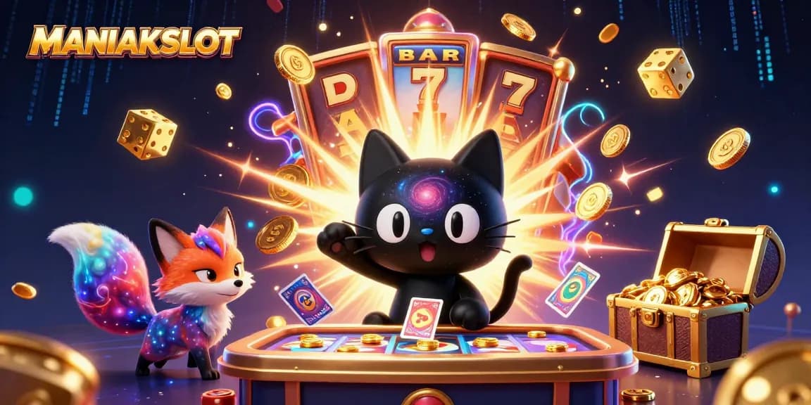 Engage with MANIAKSLOT as a cosmic cat pulls in winning chips in a vibrant casino scene.