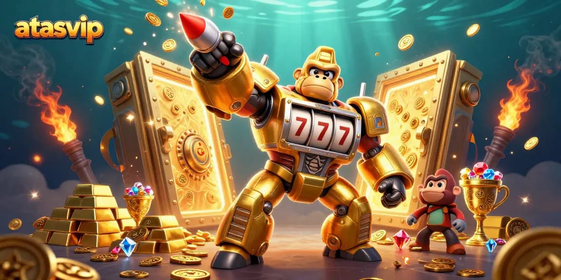 Win big at atasvip with the ultimate casino experience featuring golden gorilla mech and treasure.