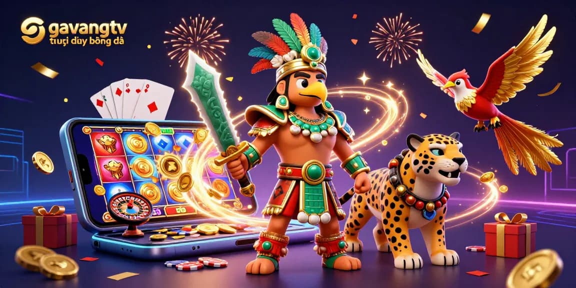 Experience dynamic gameplay at gavangtv trực tiếp bóng đá, featuring an Aztec eagle warrior and immersive gambling elements.