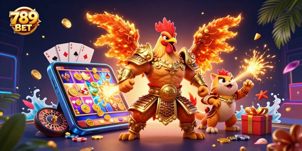Engage with 789 BET's thrilling experience featuring a fighting rooster and dragon amidst exciting casino elements.