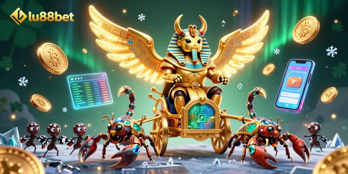 Experience exhilarating gameplay at lu88bet, highlighted by a golden scarab beetle chariot, shimmering coins, and vibrant lights.