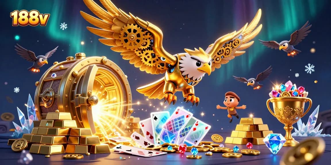 Experience thrilling games with 188v, featuring a golden eagle amidst casino treasures.