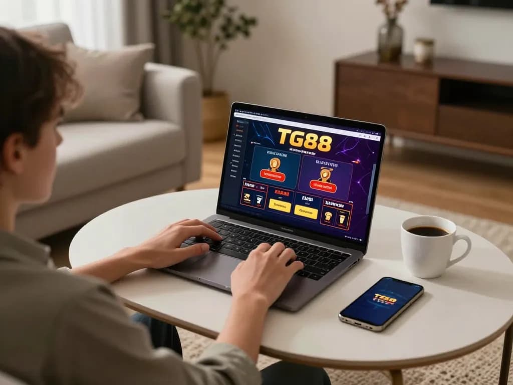 Player enjoying the TG88 online casino experience on a laptop in a cozy home setting