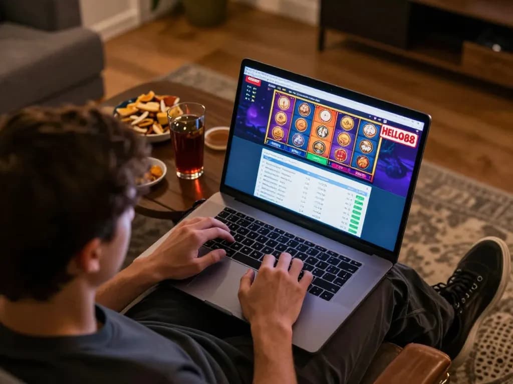 Engaging player using HELLO88 online casino interface while enjoying a comfortable home gaming session
