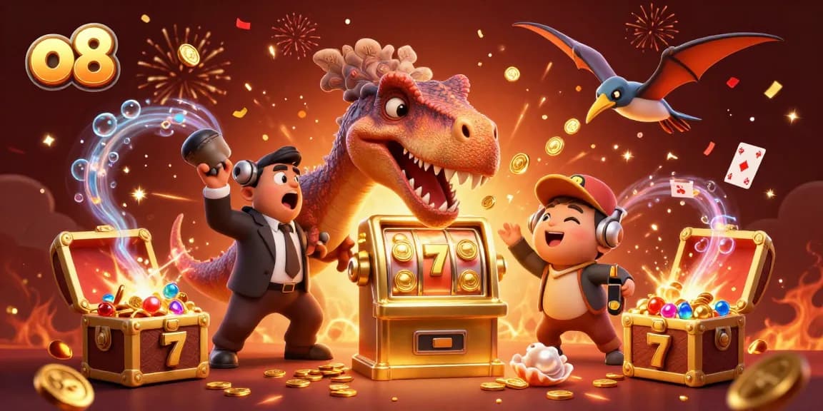 Catch jackpots at o8 with fun 3D illustrations of a dinosaur-themed casino adventure.
