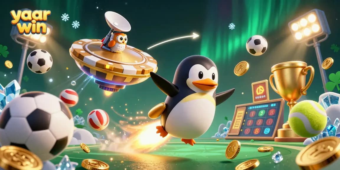 Experience adventure with yaar win as the golden penguin races to a casino station amidst flying sports elements.