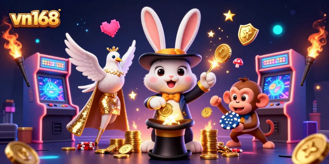 Experience thrilling gambling action at vn168 with a magician rabbit, dove, and monkey amidst dynamic gaming elements.