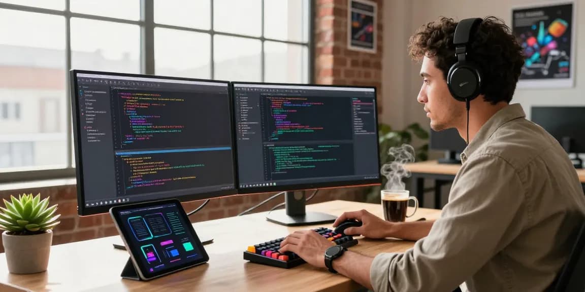 Developer at telegraimin.com coding in a bright tech workspace with dual monitors and coffee.