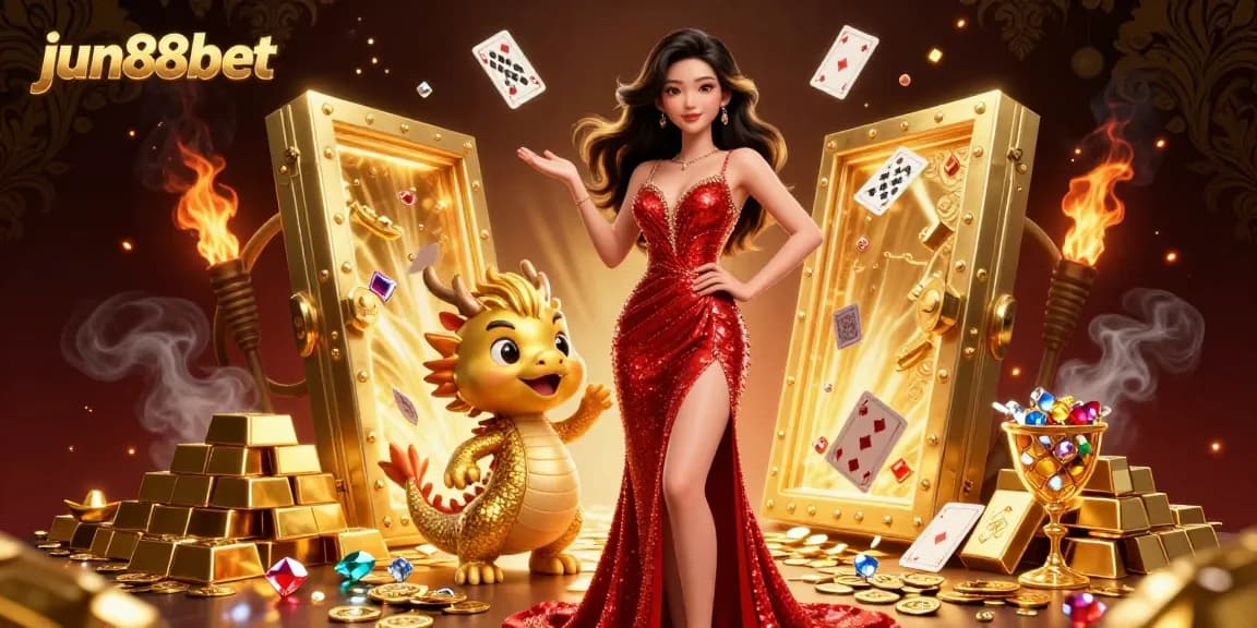 Experience the vibrant world of jun88bet with a captivating casino illustration showcasing a stunning woman and rich treasures.