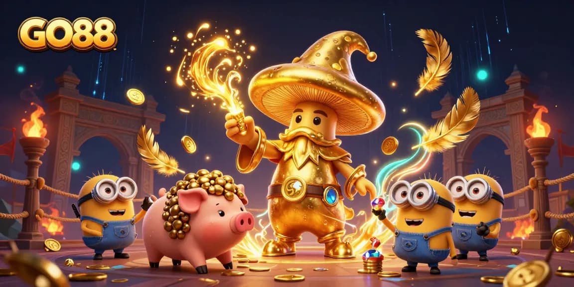 Experience the thrilling enchantment of GO88 with a magical golden wizard and treasure hunt scene.